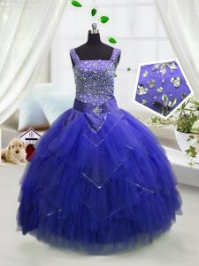 High Quality Sleeveless Tulle Floor Length Lace Up Little Girls Pageant Dress Wholesale in Royal Blue with Beading and R