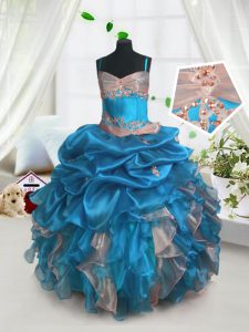Baby Blue Spaghetti Straps Neckline Beading and Ruffles and Pick Ups Pageant Dress for Teens Sleeveless Lace Up