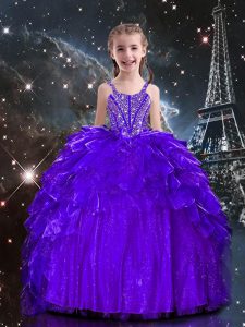 Attractive Floor Length Dark Purple Little Girl Pageant Dress Spaghetti Straps Sleeveless Lace Up