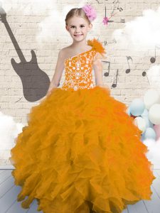 Adorable One Shoulder Orange Ball Gowns Embroidery and Ruffles and Hand Made Flower Kids Pageant Dress Lace Up Organza S