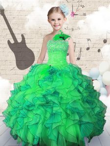 One Shoulder Green Organza Lace Up Custom Made Pageant Dress Sleeveless Floor Length Beading and Ruffles