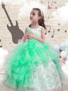 Scoop Beading and Ruffles Kids Formal Wear Apple Green Lace Up Sleeveless Floor Length