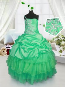 Beading and Ruffled Layers and Pick Ups Glitz Pageant Dress Apple Green Lace Up Sleeveless Floor Length