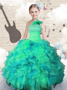 Eye-catching Turquoise Child Pageant Dress Party and Wedding Party and For with Beading and Ruffles One Shoulder Sleevel