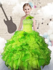 Organza Lace Up One Shoulder Sleeveless Floor Length Pageant Dress Beading and Ruffles