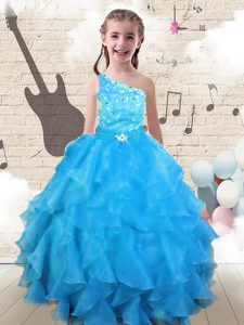 Cute One Shoulder Sleeveless Floor Length Beading and Ruffles Lace Up Child Pageant Dress with Aqua Blue