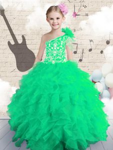 One Shoulder Lace Up Glitz Pageant Dress Embroidery and Ruffles Sleeveless Floor Length