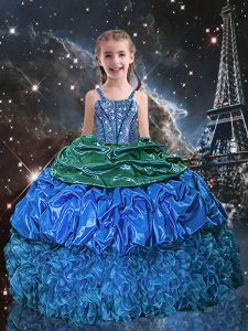 Sleeveless Organza Floor Length Lace Up Little Girls Pageant Dress Wholesale in Blue with Beading and Ruffles and Pick U