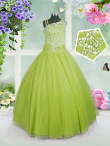 New Style Floor Length Side Zipper Girls Pageant Dresses Apple Green for Party and Wedding Party with Beading