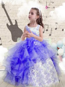 Latest Scoop Sleeveless Organza Floor Length Lace Up Little Girls Pageant Dress Wholesale in Blue with Beading and Ruffl