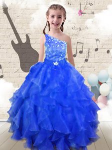 Cheap Royal Blue Ball Gowns One Shoulder Sleeveless Organza Floor Length Lace Up Beading and Ruffles High School Pageant