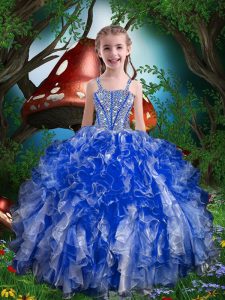 Royal Blue Spaghetti Straps Lace Up Beading and Ruffles Child Pageant Dress Sleeveless