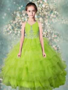 On Sale Halter Top Floor Length Zipper Kids Formal Wear Yellow Green for Party and Wedding Party with Beading and Ruffle