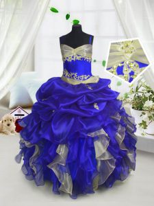 Royal Blue Little Girl Pageant Dress Party and Wedding Party and For with Beading and Ruffles and Pick Ups Spaghetti Str