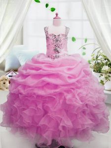 Pink Organza Zipper Square Sleeveless Floor Length Little Girls Pageant Gowns Beading and Ruffles and Pick Ups