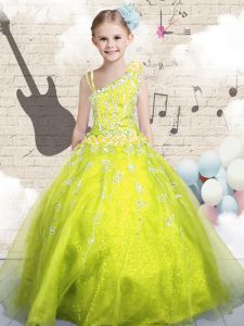 Organza Sleeveless Floor Length Little Girls Pageant Dress and Beading and Appliques and Hand Made Flower