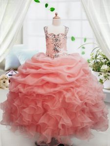 Peach Ball Gowns Organza Square Sleeveless Beading and Ruffles and Pick Ups Floor Length Zipper Little Girls Pageant Dre