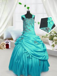 Pick Ups Turquoise Sleeveless Satin Lace Up Child Pageant Dress for Party and Wedding Party