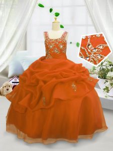 Dazzling Organza Straps Sleeveless Lace Up Beading and Pick Ups Winning Pageant Gowns in Orange