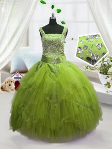 Hot Sale Yellow Green Sleeveless Floor Length Beading and Ruffles Lace Up Child Pageant Dress