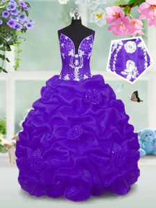 Perfect Floor Length Lace Up Little Girls Pageant Dress Purple for Party and Wedding Party with Beading and Pick Ups