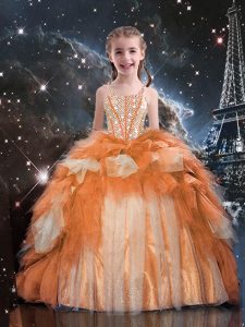 Stunning Ruffled Spaghetti Straps Sleeveless Lace Up Pageant Gowns For Girls Gold Tulle