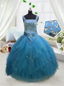 Superior Aqua Blue Lace Up Little Girl Pageant Dress Beading and Ruffles Sleeveless Floor Length