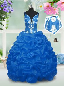 Stylish Aqua Blue Ball Gowns Taffeta V-neck Sleeveless Beading and Pick Ups Floor Length Lace Up Little Girls Pageant Dr