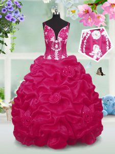 Floor Length Lace Up Pageant Dress Toddler Red for Party and Wedding Party with Beading and Pick Ups