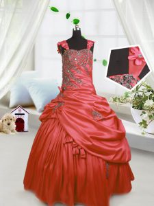 Floor Length Lace Up Child Pageant Dress Watermelon Red for Party and Wedding Party with Beading and Pick Ups