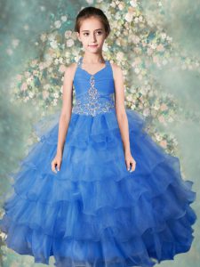 Excellent Halter Top Sleeveless Floor Length Beading and Ruffled Layers Zipper Pageant Dress for Womens with Baby Blue