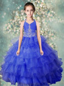 Halter Top Baby Blue Ball Gowns Beading and Ruffled Layers Pageant Dress Wholesale Zipper Organza Sleeveless Floor Lengt
