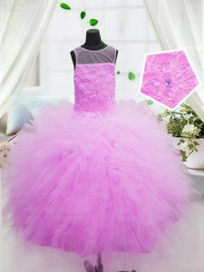 Scoop Floor Length Hot Pink Little Girl Pageant Gowns Tulle Sleeveless Beading and Appliques
