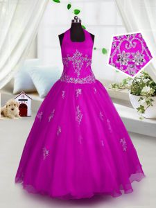 Halter Top Fuchsia A-line Appliques Little Girls Pageant Dress Lace Up Tulle Sleeveless Floor Length