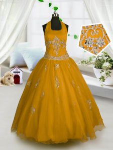 High Quality Orange Pageant Gowns For Girls Party and Wedding Party and For with Appliques Halter Top Sleeveless Lace Up
