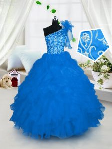 Custom Designed One Shoulder Aqua Blue Lace Up Little Girls Pageant Gowns Embroidery and Ruffles Sleeveless Floor Length