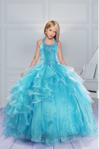 Superior Halter Top Aqua Blue Sleeveless Organza Lace Up Pageant Dress Wholesale for Military Ball and Sweet 16 and Quin