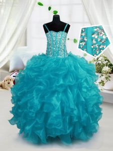 Sweet Aqua Blue Spaghetti Straps Neckline Beading and Ruffles Pageant Dress for Womens Sleeveless Lace Up