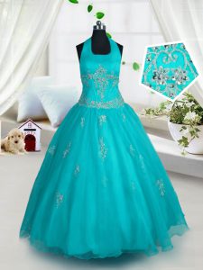 Beautiful Halter Top Sleeveless Appliques Lace Up Pageant Gowns