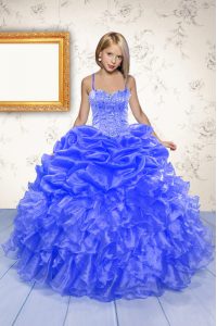 Latest Pick Ups Ball Gowns Little Girls Pageant Dress Blue Spaghetti Straps Organza Sleeveless Floor Length Lace Up