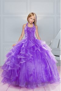 Hot Selling Halter Top Sleeveless Little Girls Pageant Dress Wholesale Floor Length Beading and Ruffles Lavender Organza
