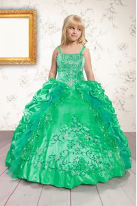 Green Sleeveless Floor Length Beading and Appliques and Pick Ups Lace Up Girls Pageant Dresses