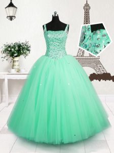 Turquoise Ball Gowns Straps Sleeveless Tulle Floor Length Lace Up Beading and Sequins Little Girls Pageant Dress