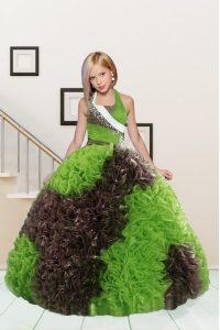 Perfect Halter Top Beading and Ruffles Kids Pageant Dress Apple Green and Chocolate Lace Up Sleeveless Floor Length