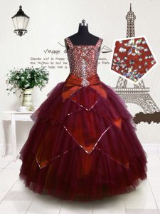 Sleeveless Tulle Floor Length Lace Up Pageant Dress for Teens in Fuchsia with Beading and Belt