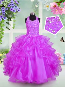Wonderful Lilac Lace Up Halter Top Beading and Ruffled Layers Little Girl Pageant Gowns Organza Sleeveless