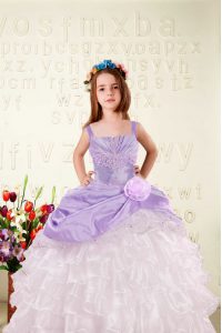 Great Lilac Lace Up Straps Beading and Ruffled Layers and Hand Made Flower Kids Pageant Dress Organza Sleeveless
