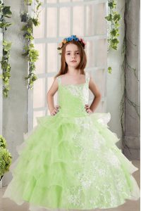 Attractive Yellow Green Ball Gowns Square Sleeveless Organza Floor Length Lace Up Lace and Ruffled Layers Child Pageant 