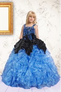 Latest Pick Ups Ball Gowns Kids Pageant Dress Blue Straps Organza Sleeveless Floor Length Lace Up