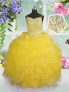 Organza Spaghetti Straps Sleeveless Lace Up Beading and Ruffles and Pick Ups Kids Formal Wear in Gold